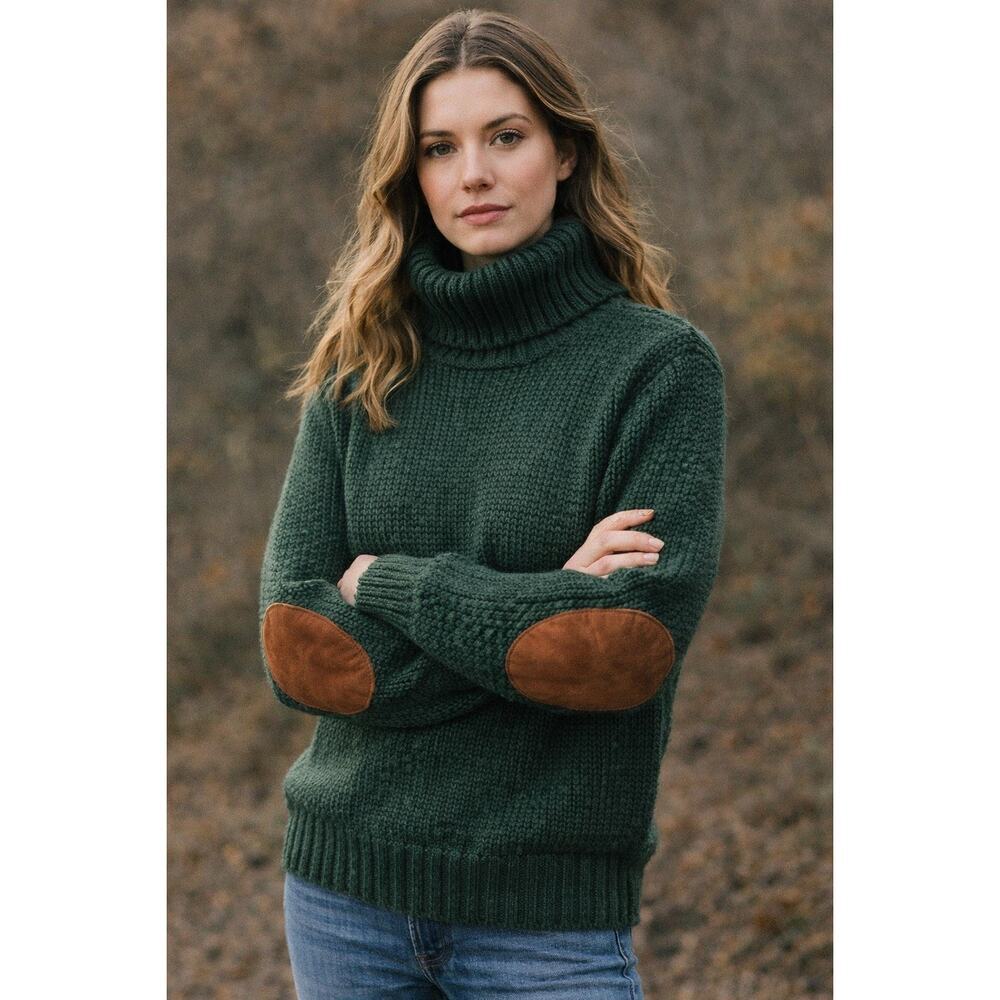 J.Crew Women's Vintage Wool Green Turtleneck Sweater Brown Suede Elbow Patches S